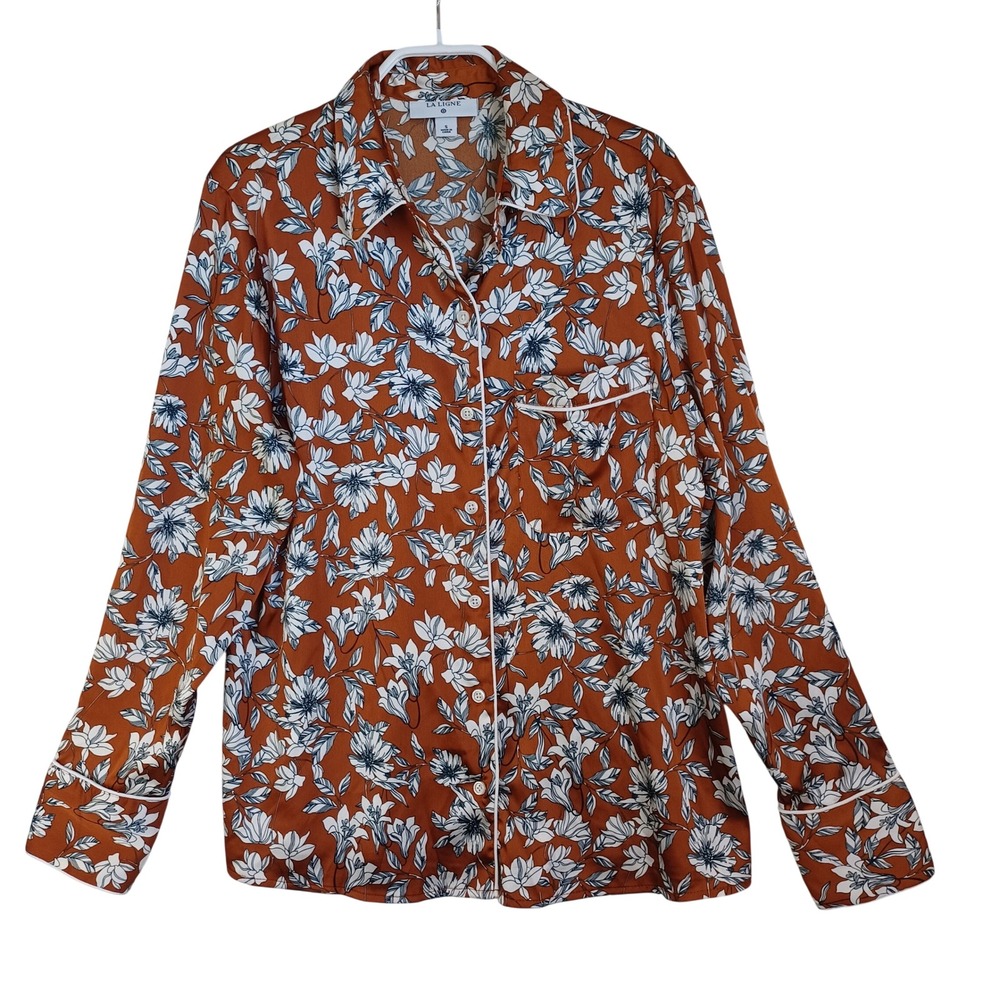 La Ligne x Target Womens Floral Pajama Style Shirt Rust Brown Long Sleeve Small